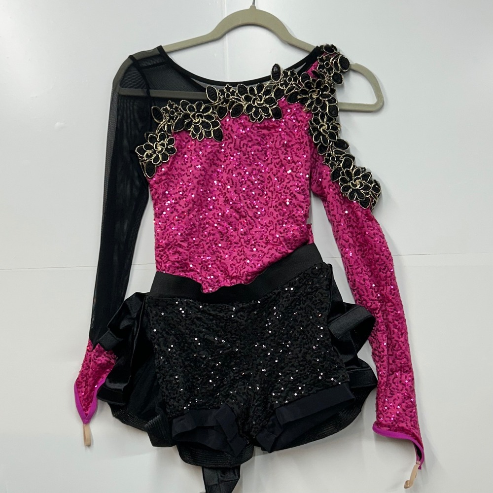 Weissman Pink Black Sequin Dance Costume 10503 Floral Applique Small Adult SA